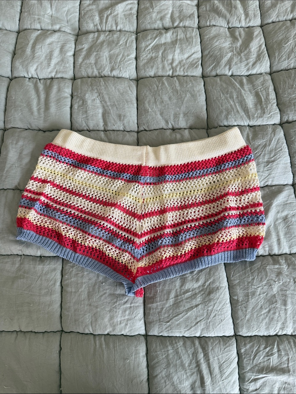 Crochet Striped Knit Shorts in Cream, Red & Blue